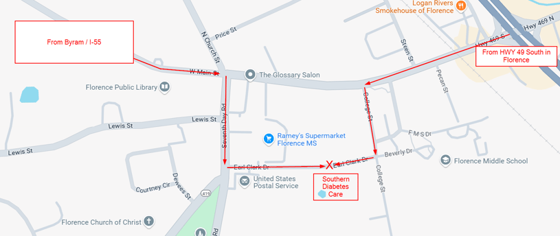 Directions to Southern Diabetes Care, Florence MS