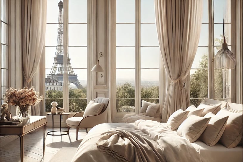 Luxurious bedroom overlooking the Eiffel Tower, showcasing modern furnishings and a tranquil ambianc