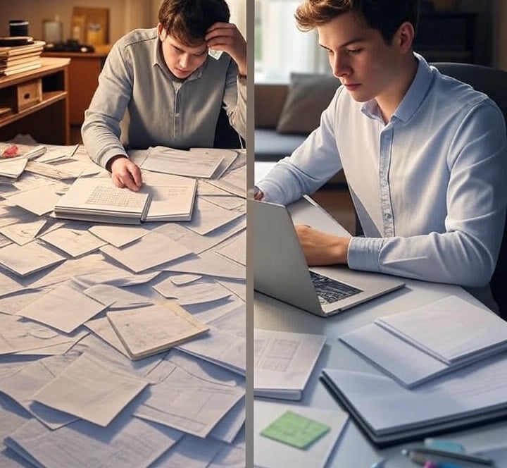 A split-screen of a disorganized person with paper chaos vs. a calm person using a digital planner, 