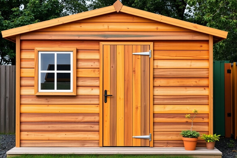 a wooden shed and a potted planter