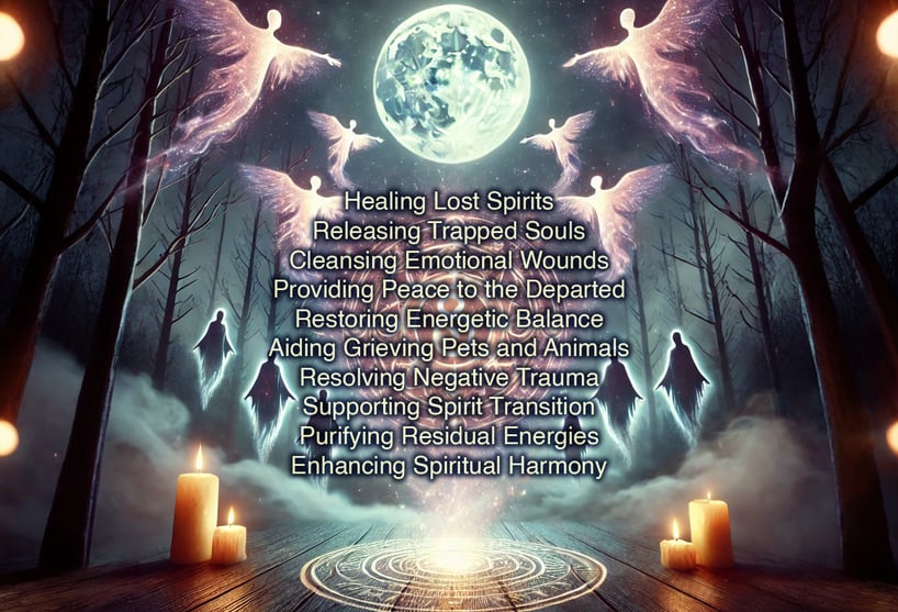 Wandering, lost, grieving ghosts and spirits in a forest, gathered around a magical symbol spellcast