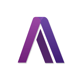 a purple and white logo with a purple and white background