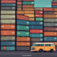 A cargo container lifting mechanism is hoisting a blue shipping container with 'CMA CGM' written on it. The area is surrounded by stacks of colorful shipping containers in various sizes. In the background, there is a harbor with cranes and wind turbines visible, along with some industrial buildings.