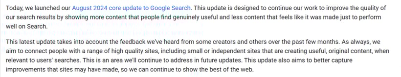Screenshot of Google's statement on their August 2024 Core Update
