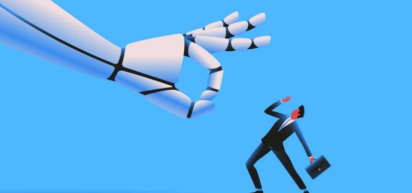 dedo de una mano robótica amenazando a un empleado