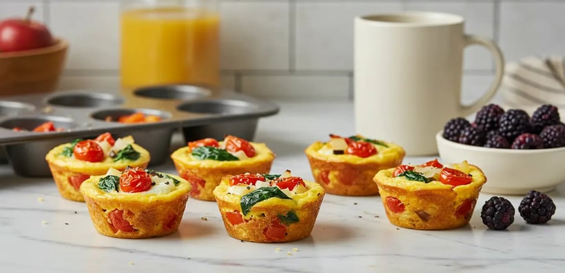 Egg white and veggie breakfast cups with spinach and tomatoes, served with coffee and blackberries.
