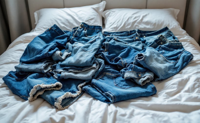 several old pairs of blue jeans laying on a bed