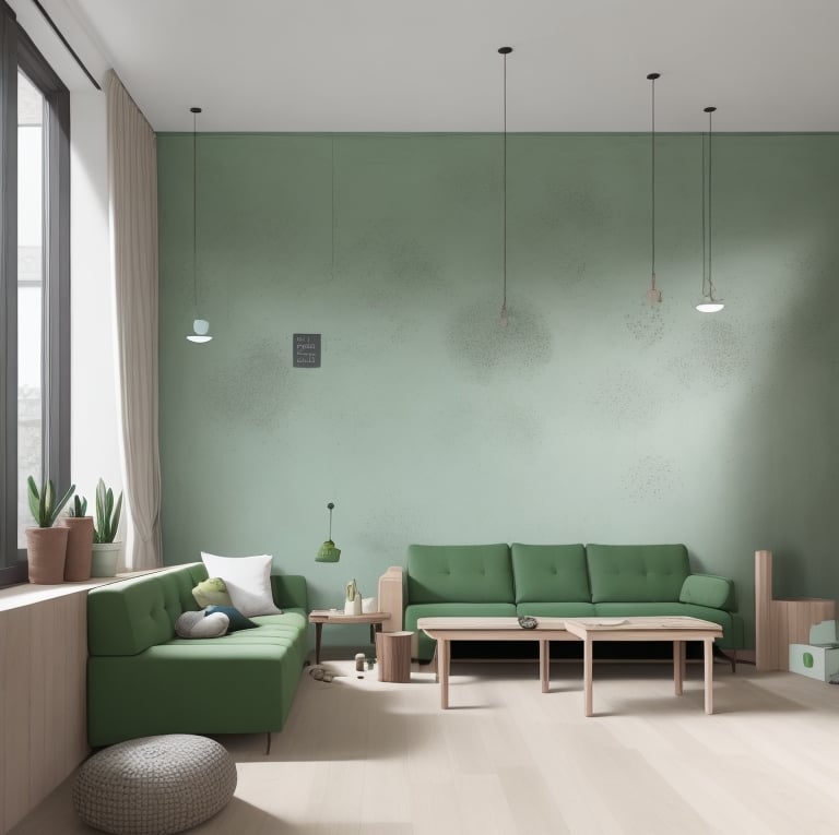 a living room with a green couch and a green couch