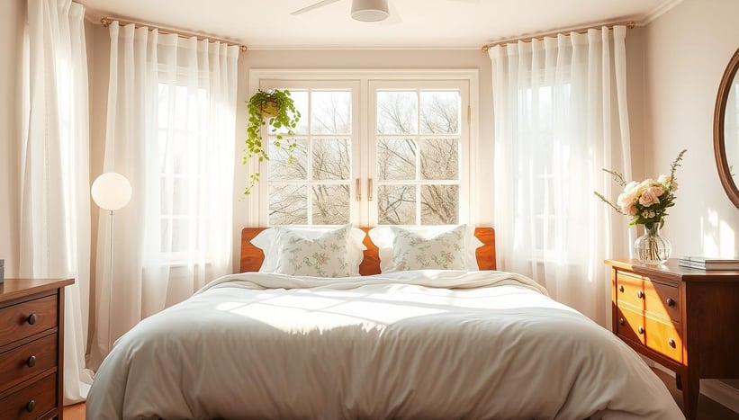 Cozy spring bedroom with white bedding, warm throw, wooden nightstand, and natural light from Regal Touch Home.