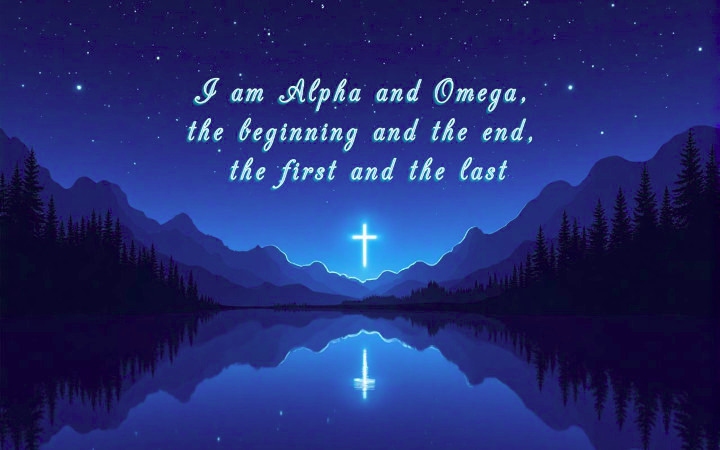 a cross in a dark sky with mountains forest and river.