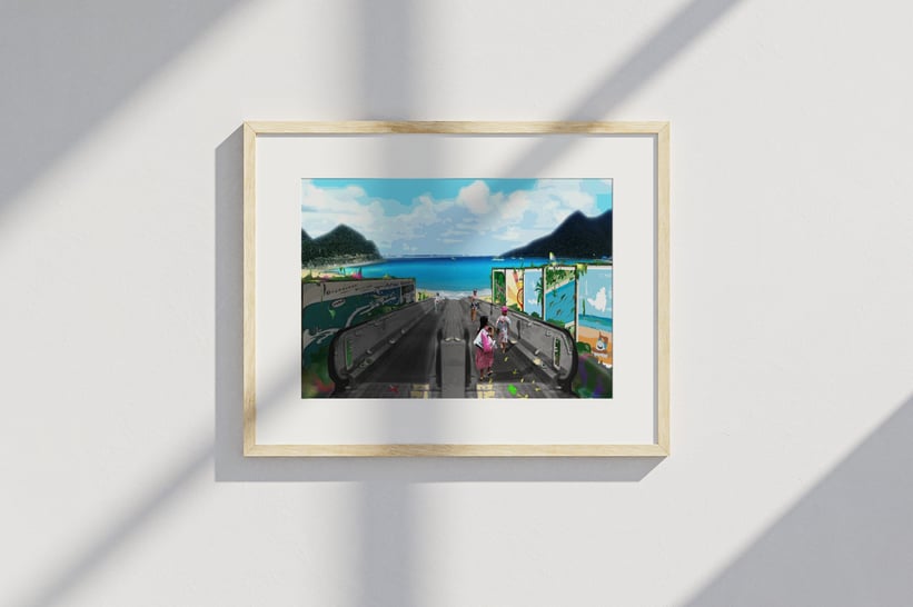 Framed print of Anse Marcel escalator scene with beach view