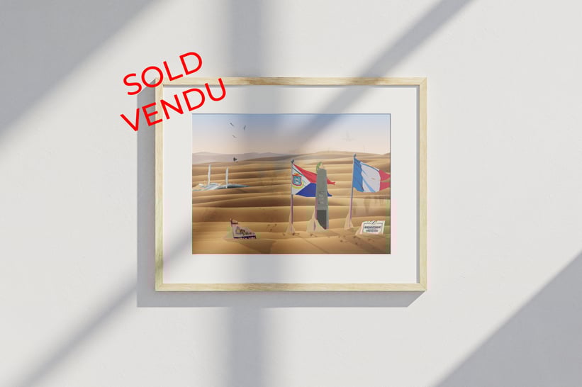 Framed print of a desert scene with SXM border monument