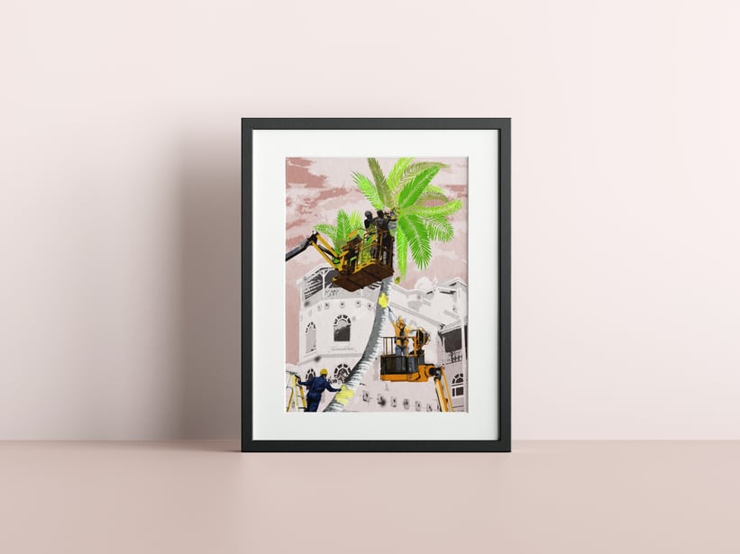 Framed artwork showing men installing palm trees