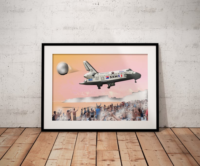 Framed print of shuttle above beachgoers at Maho Beach