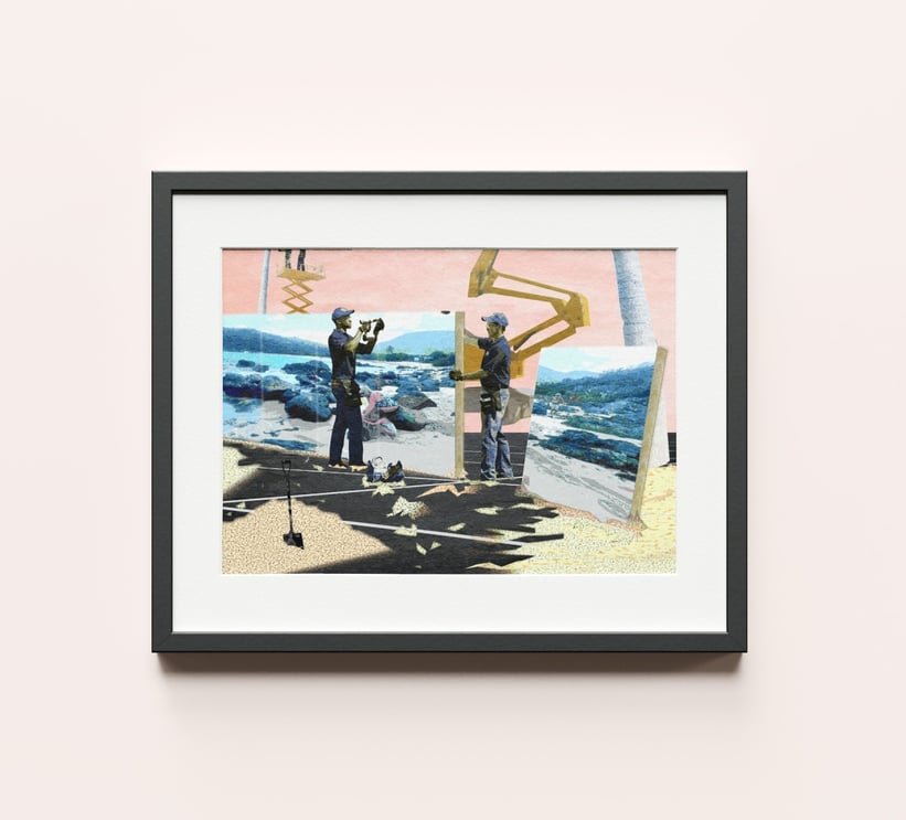 Framed artwork showing men installing the beach at Happy Bay
