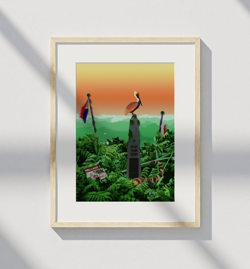 Framed print of a jungle scene with monument and pelican
