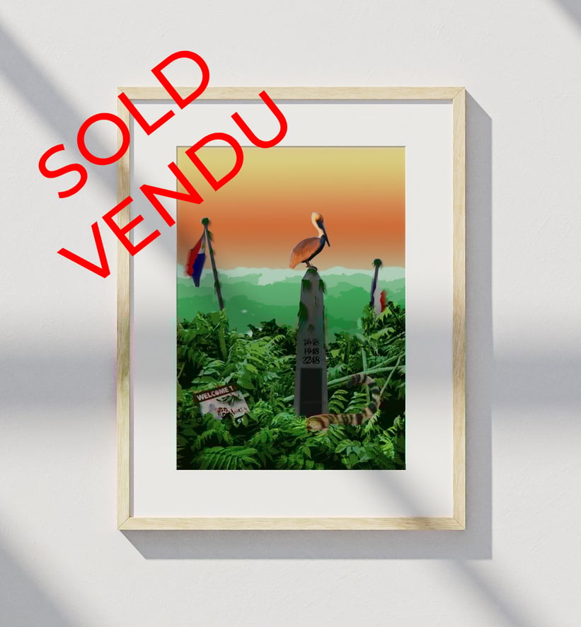 Framed print of a jungle scene with monument and pelican
