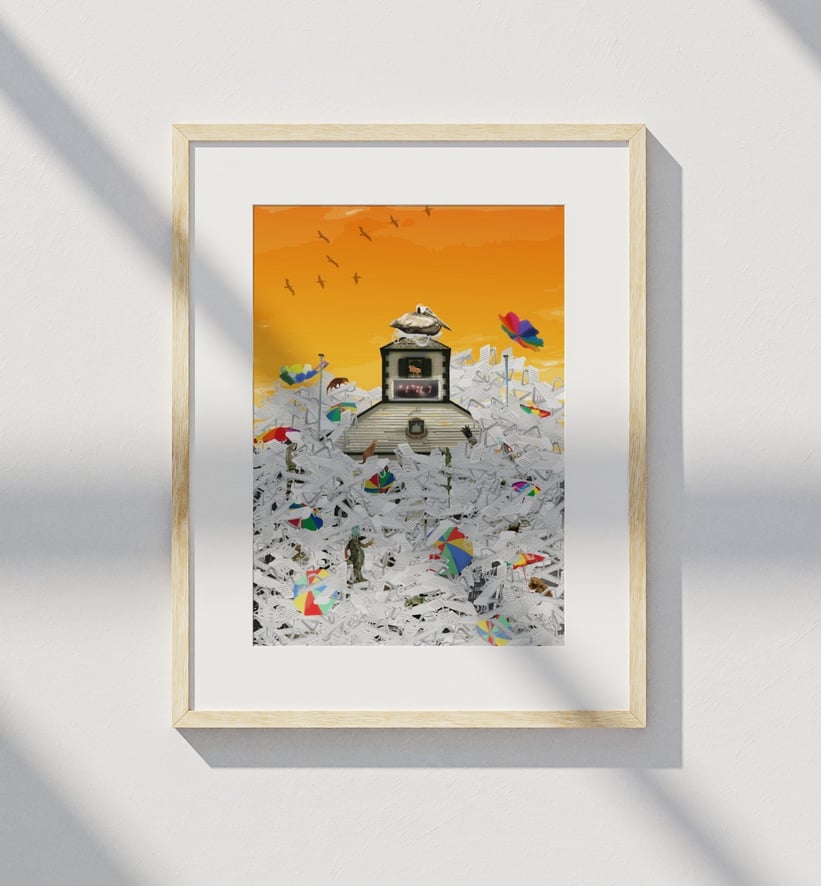 Framed print of St. Maarten Courthouse covered in sunbeds