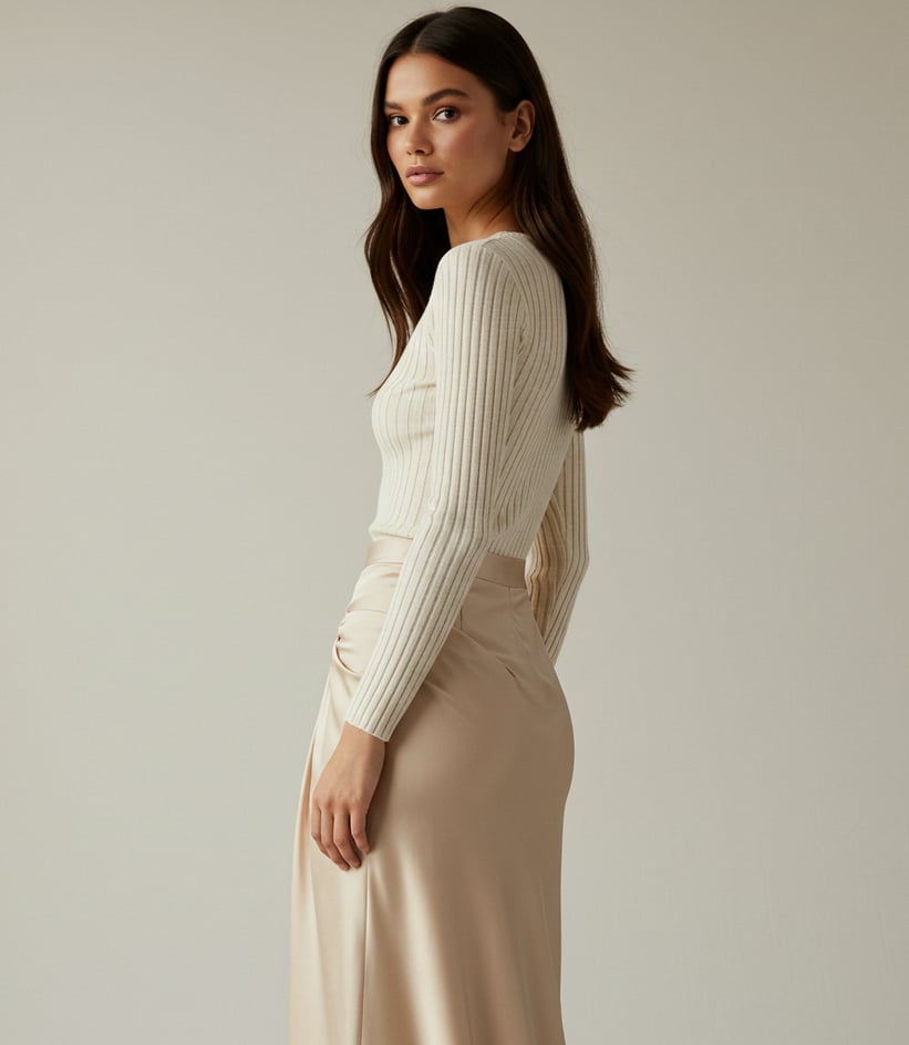 a woman in a long sleeved dress with a long sleeve and a long skirt