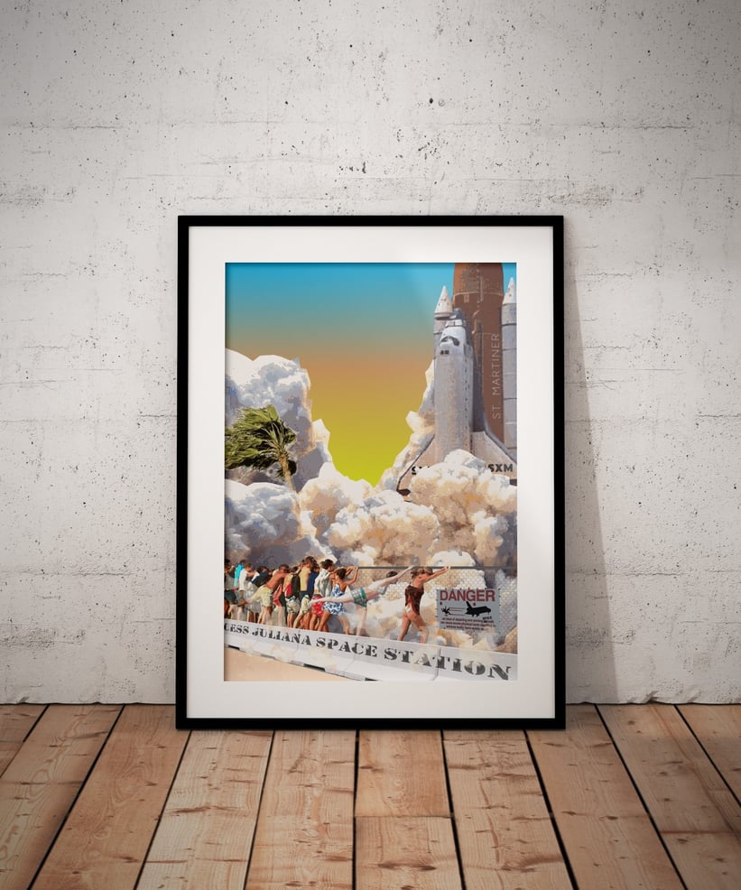 Framed digital artwork showing a space shuttle launch at Princess Juliana Airport, with tourists hol