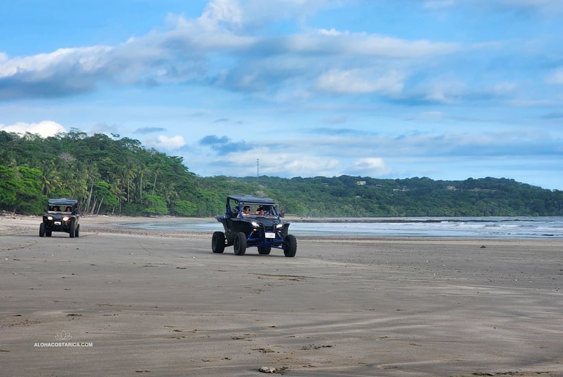 two people riding atvs on a beach