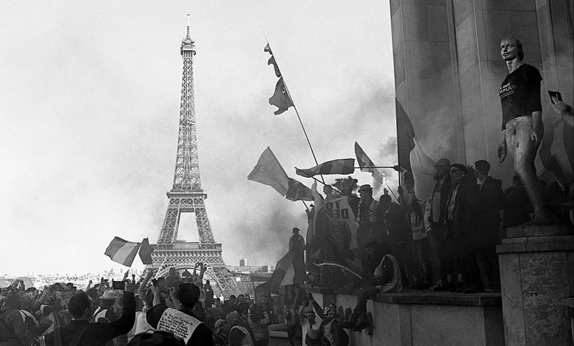 protest in Paris under the Eiffel Tower