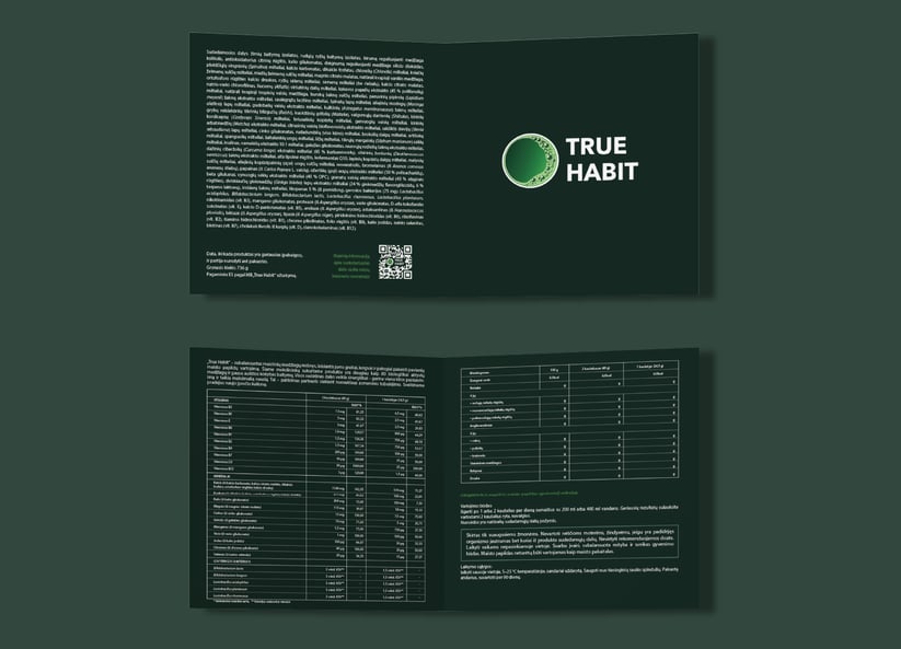dark green brochure with desciption of Truehabit drink