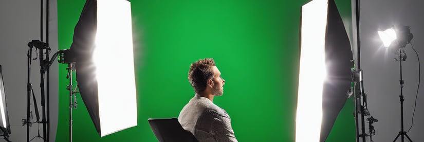 a man sitting in a chair in front of a green screen