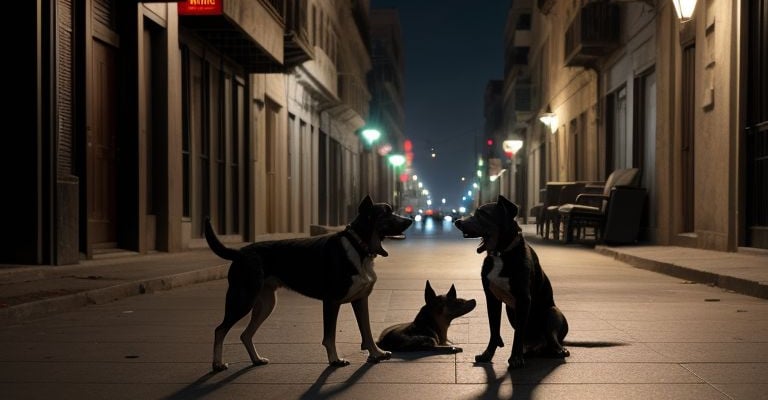 two dogs are sitting on the sidewalk in the city