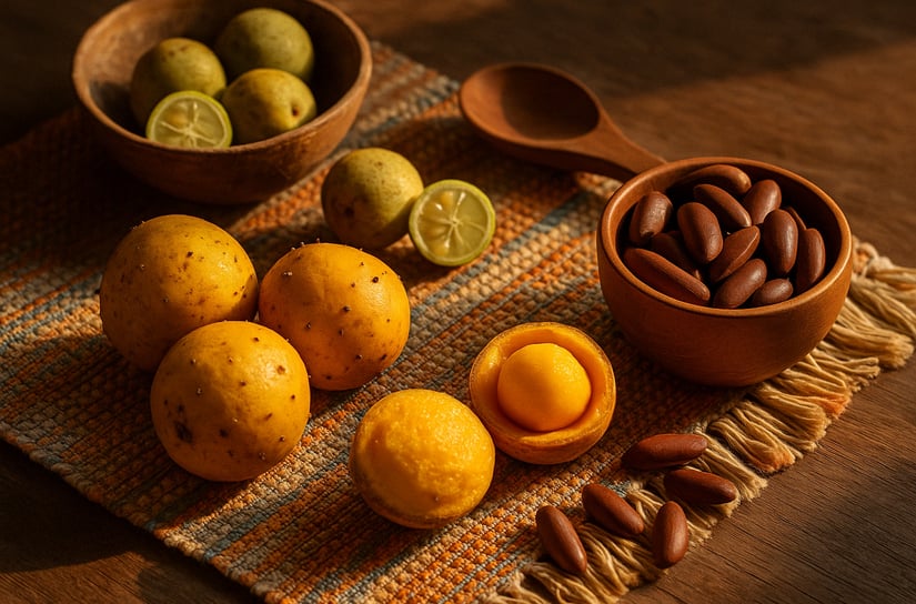 Frutos do Cerrado como pequi, baru e cagaita dispostos sobre pano artesanal e utensílios de madeira,