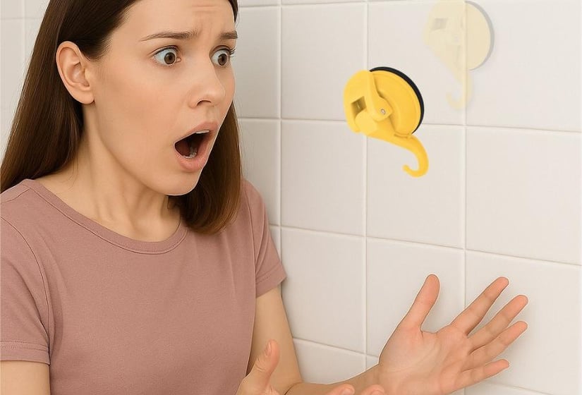 Woman shocked as a yellow suction hook falls off a tiled wall.