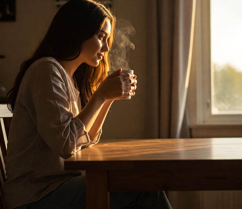 una joven sentada en su acogedor hogar al amanecer, disfrutando de una taza caliente