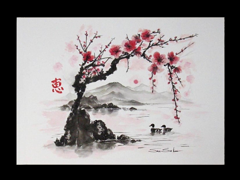 handpainted japanese cherry blossoms