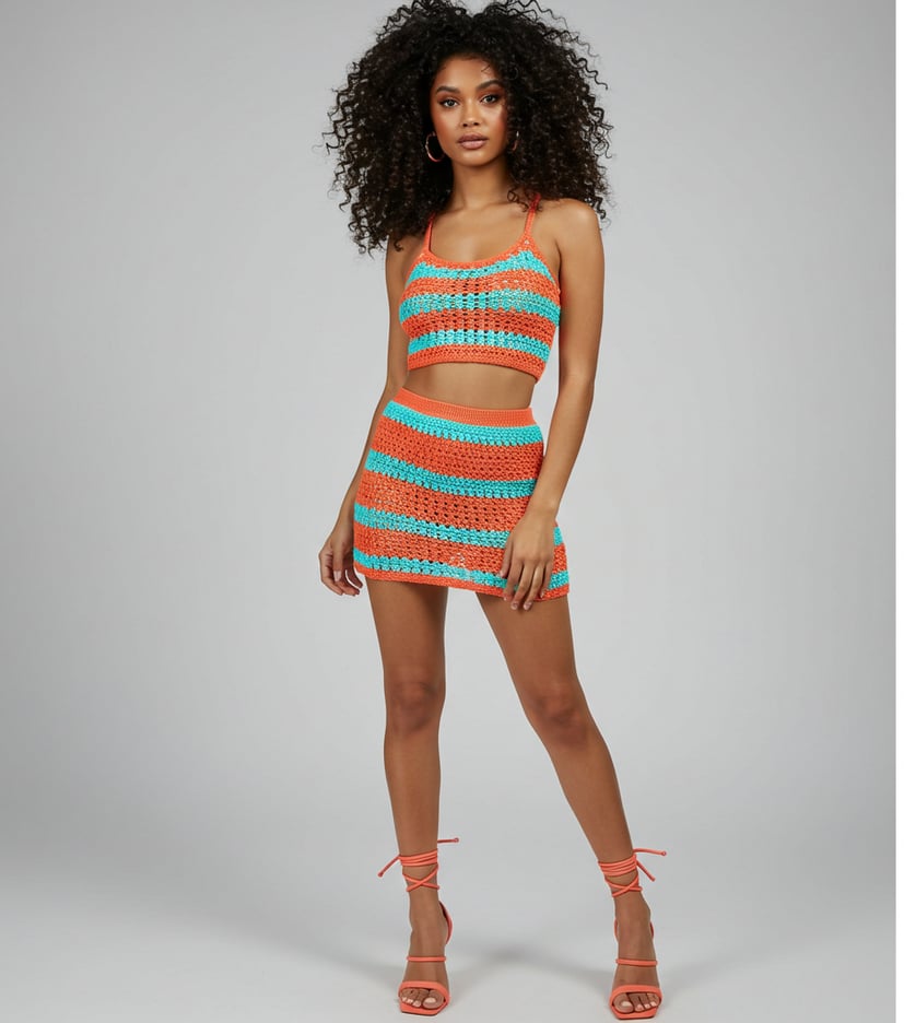 a woman in a bikinisuit with a bright orange and blue striped bikini top