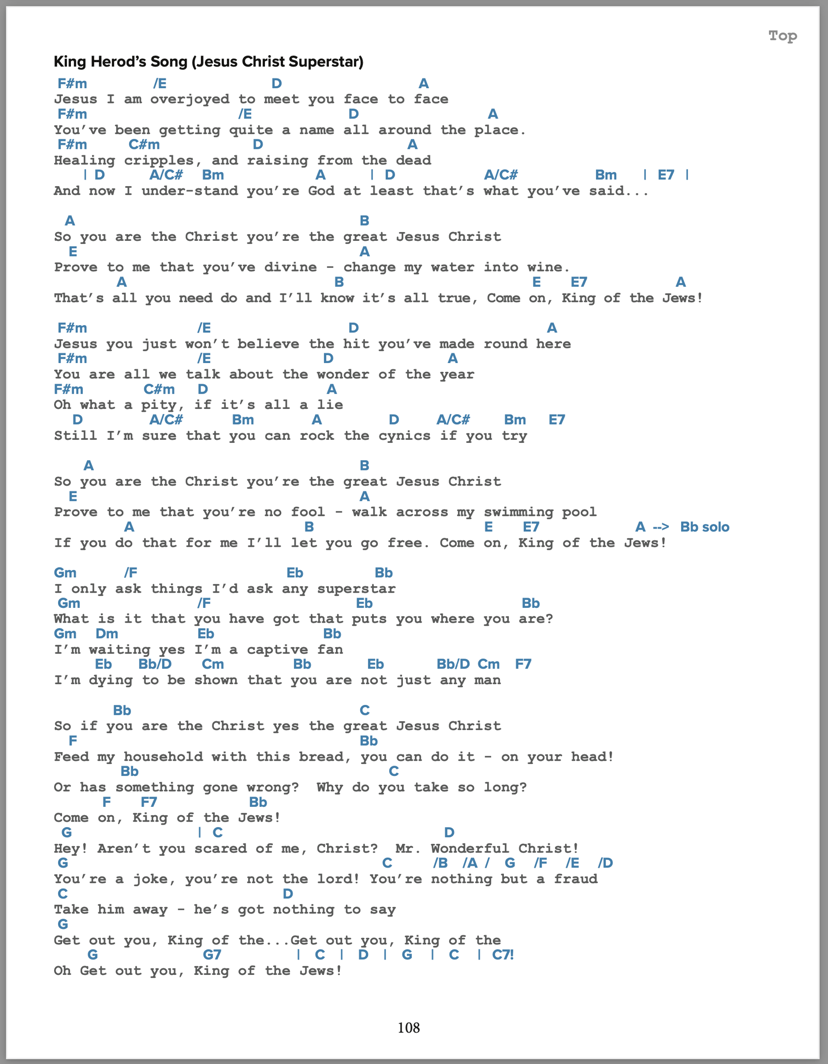 Chords and lyrics to the song King Herod's Song, from the musical Jesus Christ Superstar.