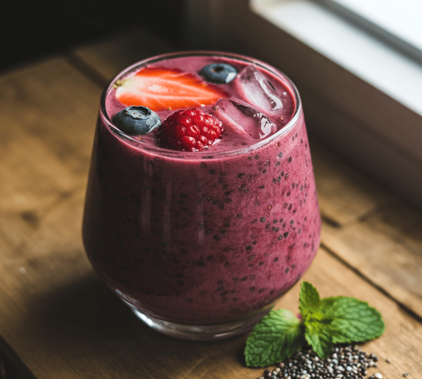 Chia berry smoothie in a glass topped with fresh strawberries, blueberries, and raspberries