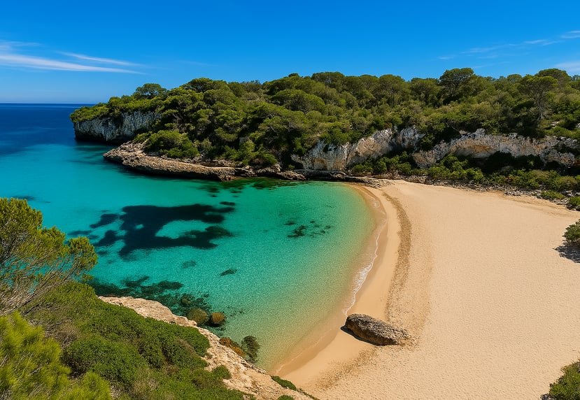 Cala Llombards en Mallorca con aguas turquesas, playa dorada y acantilados – Maiorca Unlocked.