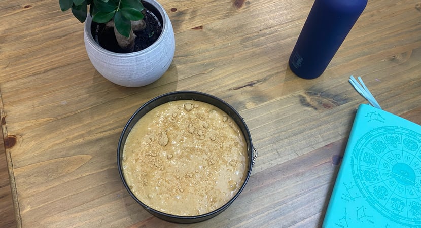 gluten free ginger cake batter in cake tin on table