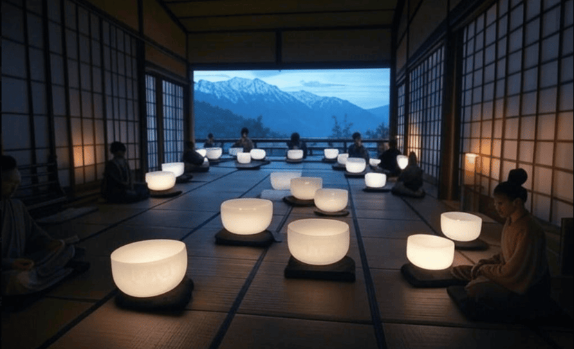 A group of people meditate with singing bowls in the Himalayan mountains