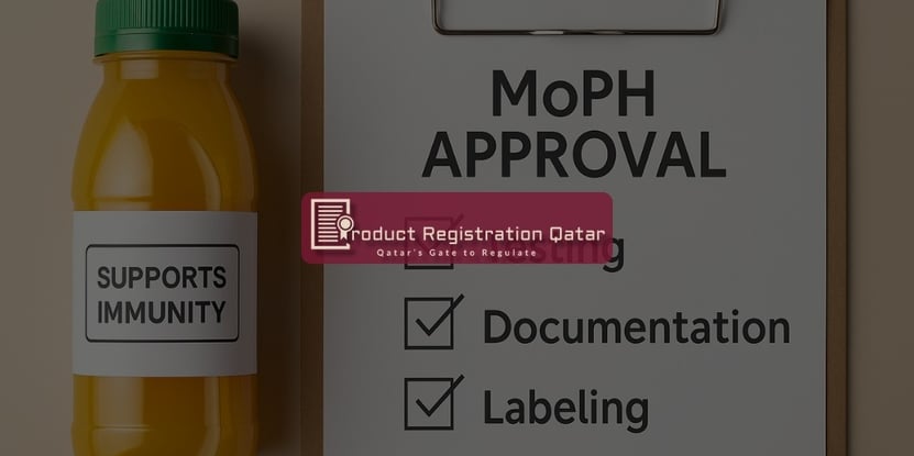 Bottle labeled "Supports Immunity" beside a MoPH Approval checklist: testing, documentation, and labeling requirements.
