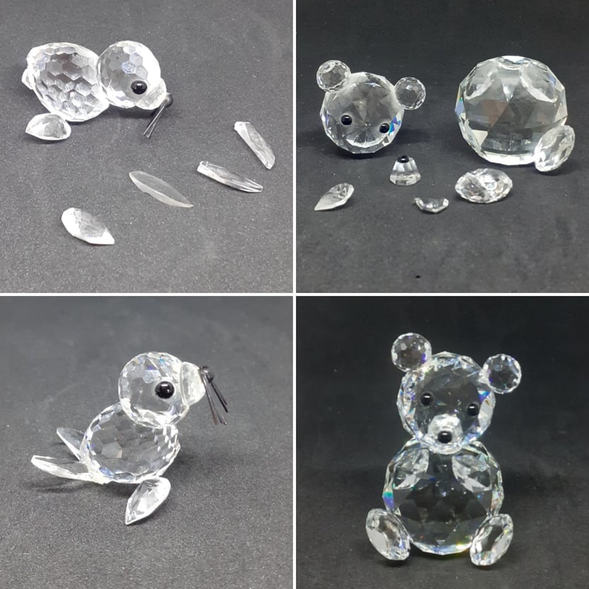 Swarovski ornaments before and after conservation