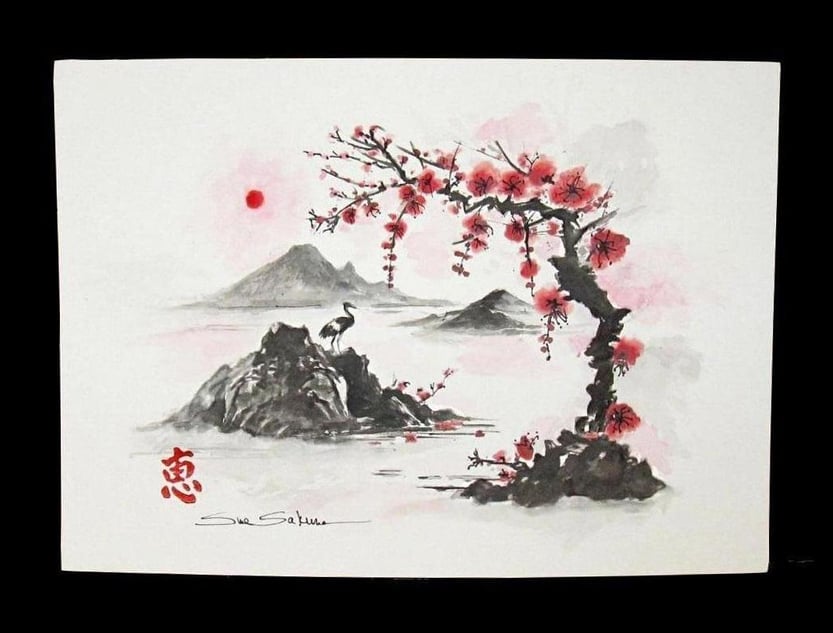 japanese sumi-e sakura watercolor painting