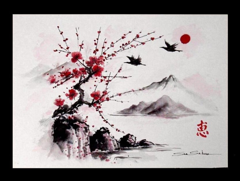 japanese sumi-e sakura watercolor painting