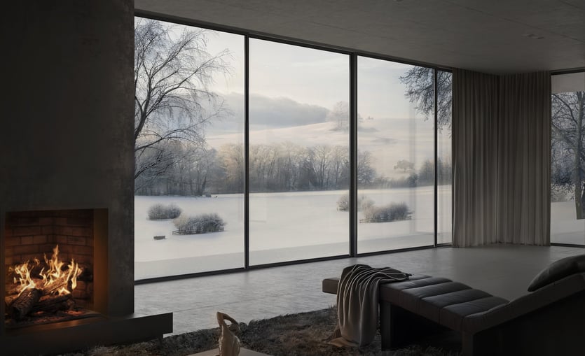 Interior de un hogar en la naturaleza muy minimalista y frio. Lounge chair negro y hogar a leña.