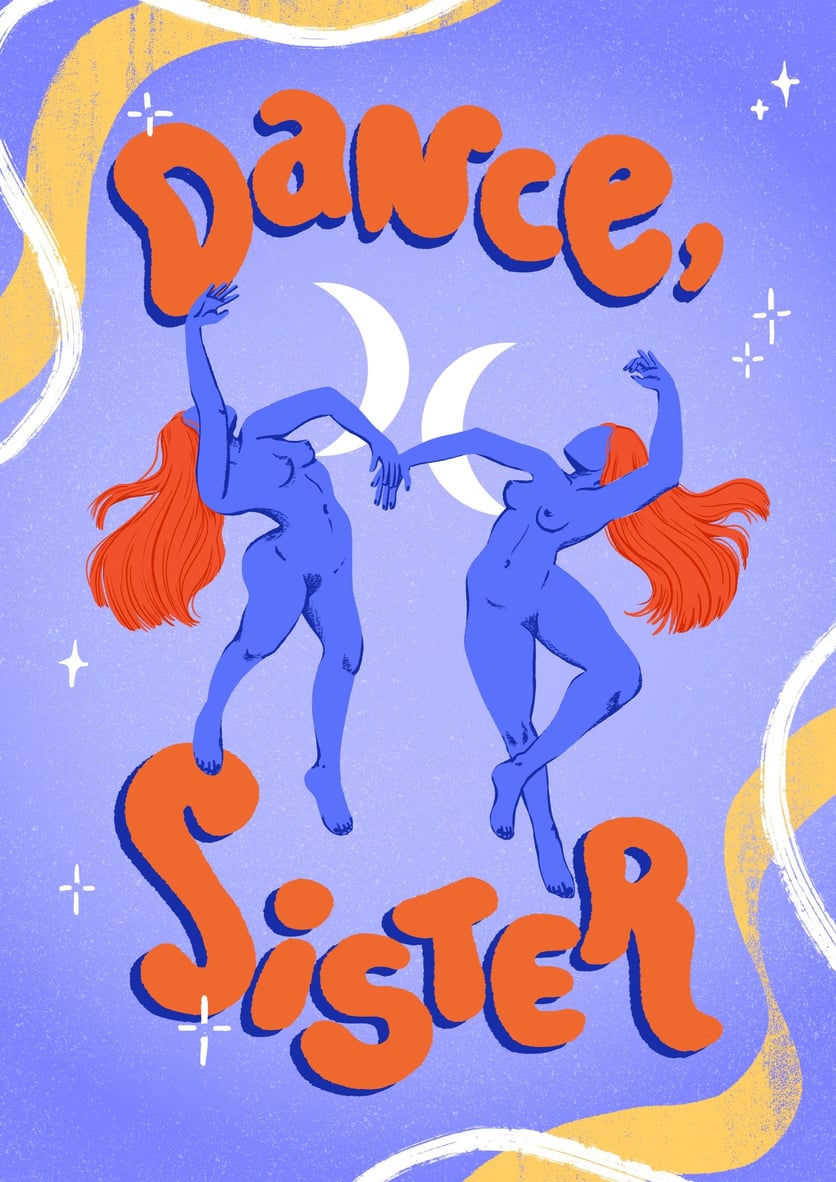 a couple of women dancing in the air, the words dance sister.