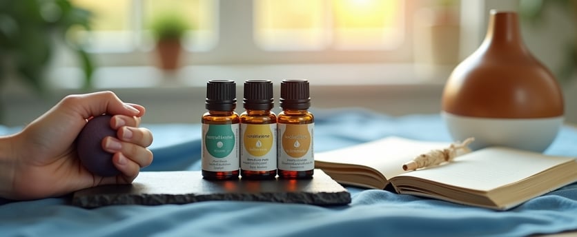 A hand holding a stress ball next to essential oil bottles, a diffuser and an open notebok on a cozy table set up