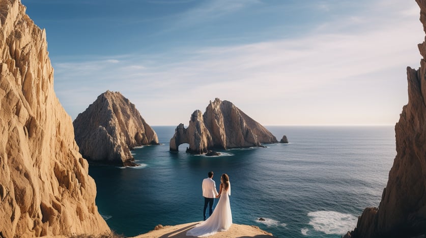 An AI-generated illustration depicting a couple admiring the Cabo San Lucas Arch from a mountain peak, created by Los Cabos W