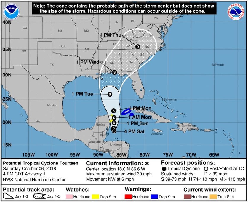 PTC five day cone of uncertainty map for what would later become Cat5 Hurricane Michael 6 October 2018 before it formed. NHC