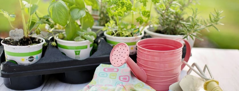 Balcon aménagé avec des outils de jardinage, pots de fleurs et plantes vertes, prêt pour débuter