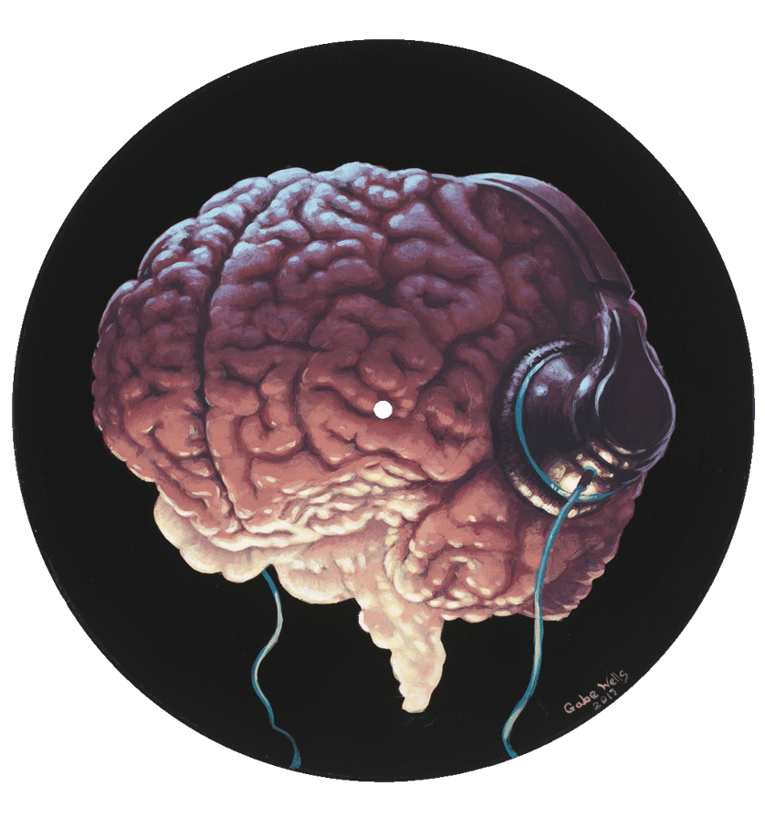 Human brain with earphones on. Painted on a vinyl record by Denver artist Gabe Wells